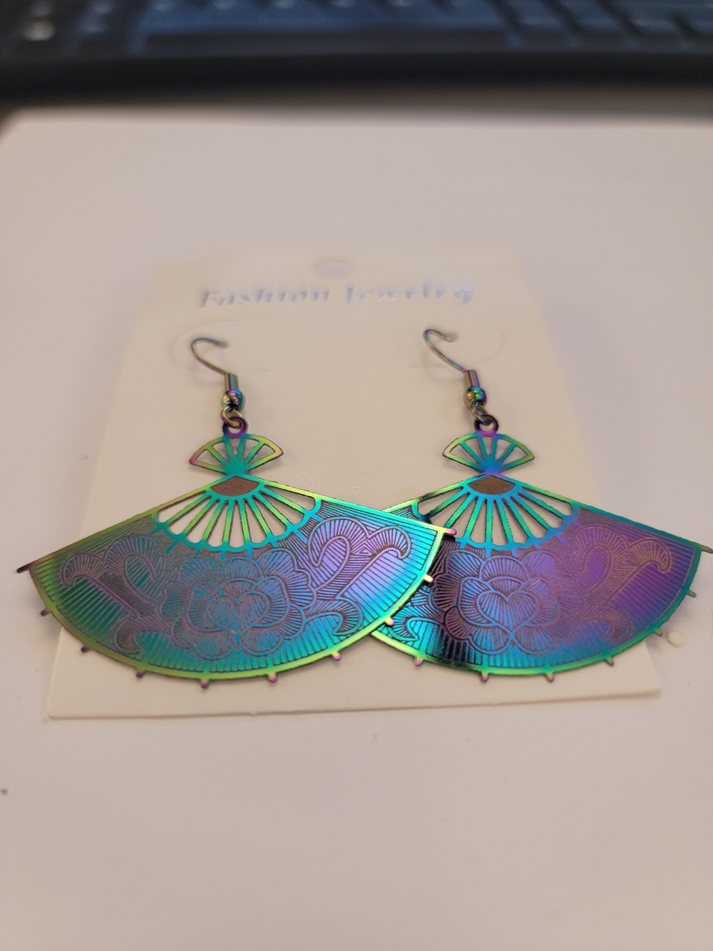 Fashion Jewelry Iridescent Green and Purple Fan Drop Earrings